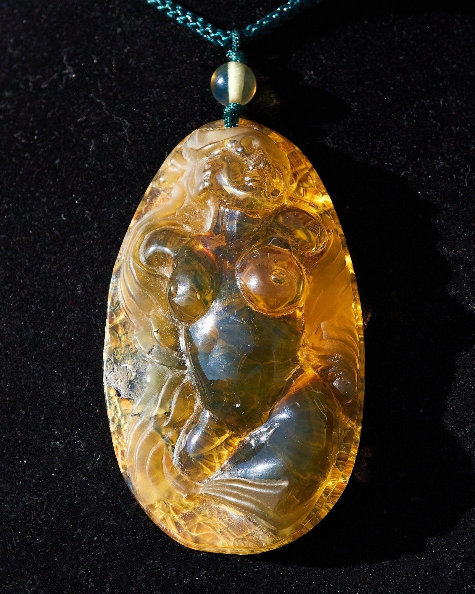 Dominican Amber handcarved mermaid carving Necklace - Larimar Creations