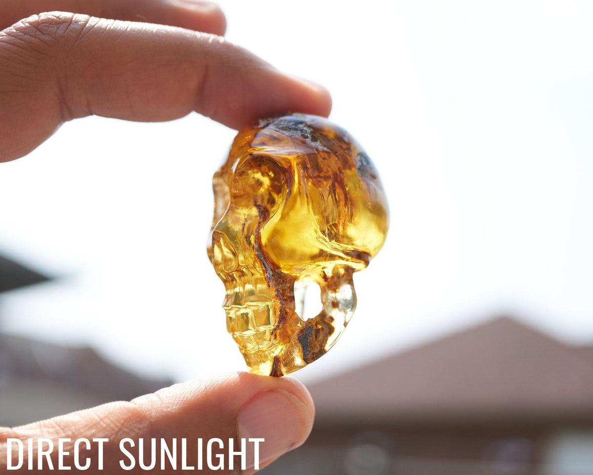 Dominican Amber Skull Carving - Authentic Green Amber - Larimar Creations