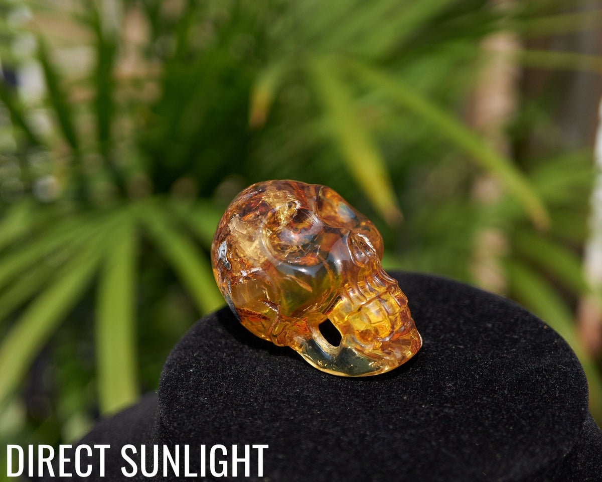 Dominican Amber Skull Carving - Authentic Green Amber - Larimar Creations