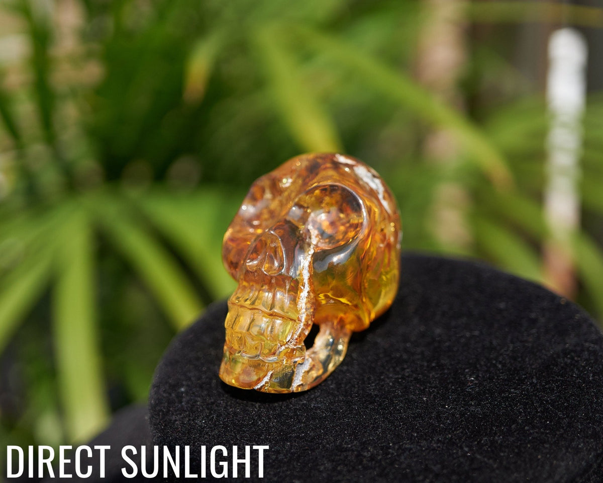 Dominican Amber Skull Carving - Authentic Green Amber - Larimar Creations