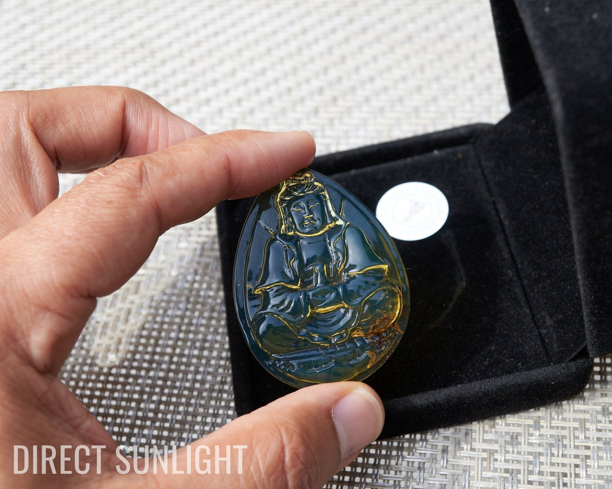 Dominican Blue Amber Buddha on Lotus Flower - 11g Authentic - Larimar Creations