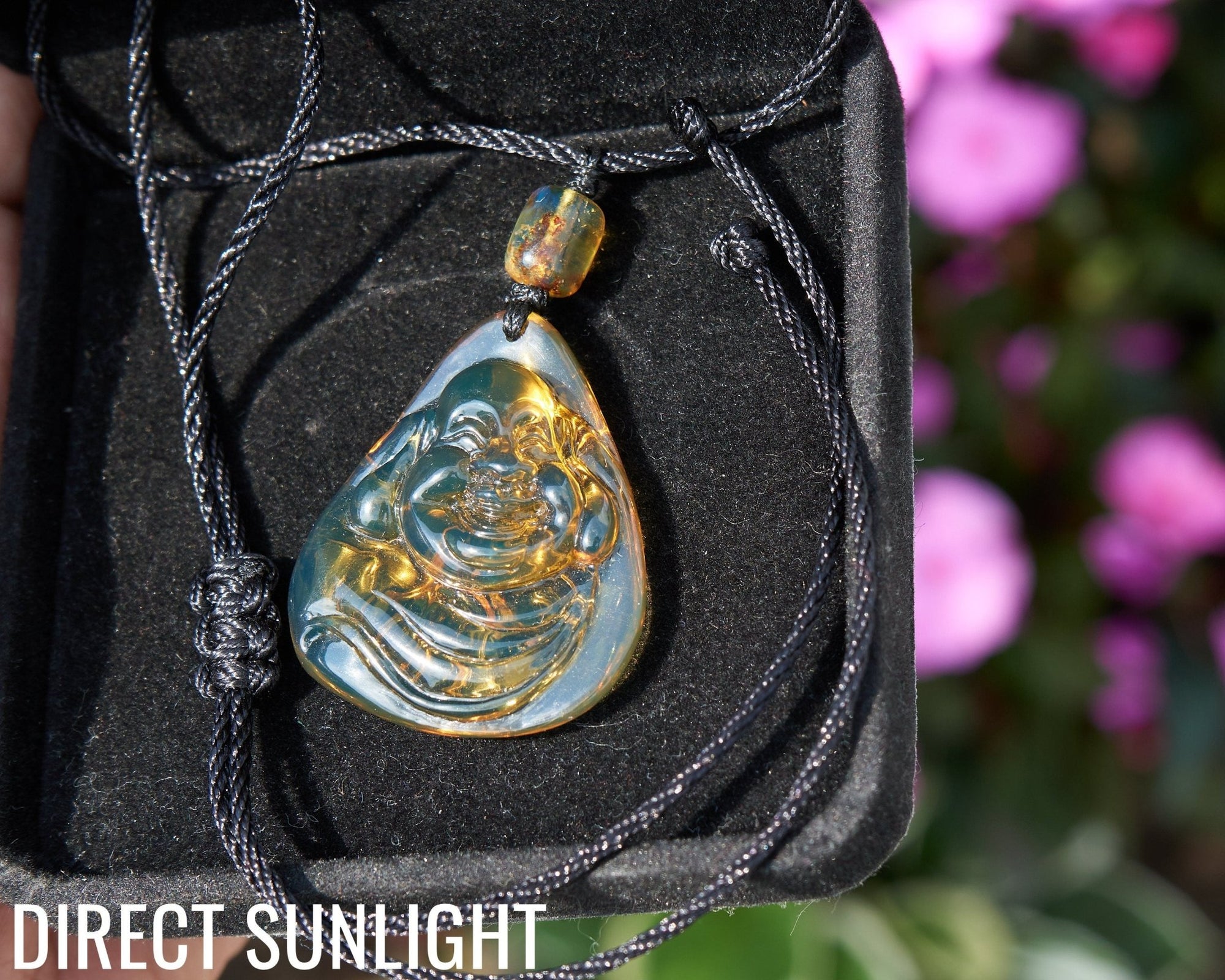 Dominican Blue Amber Buddha Pendant, Buddha Carving. - Larimar Creations