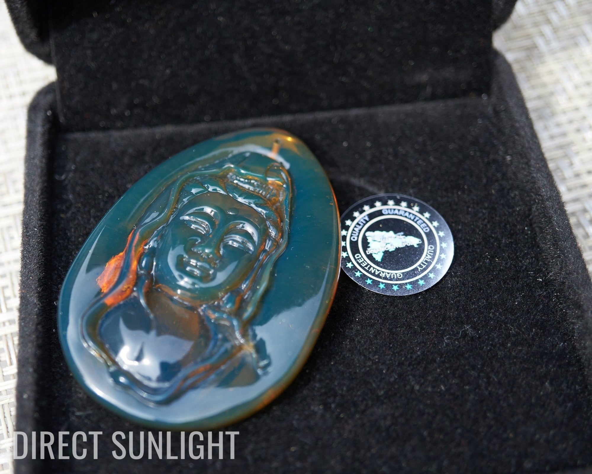 Dominican Blue Amber Guan Yin Pendant Necklace - Larimar Creations