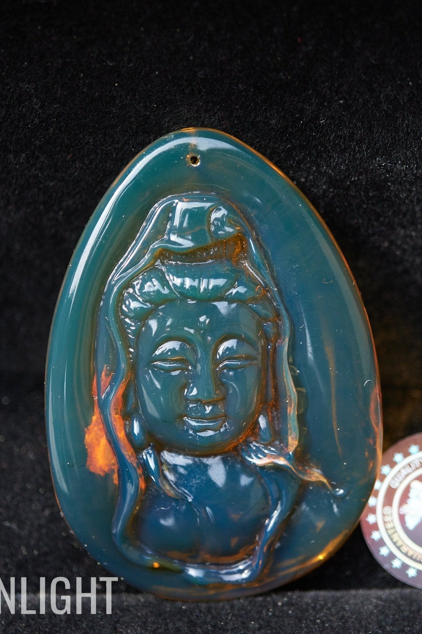 Dominican Blue Amber Guan Yin Pendant Necklace - Larimar Creations
