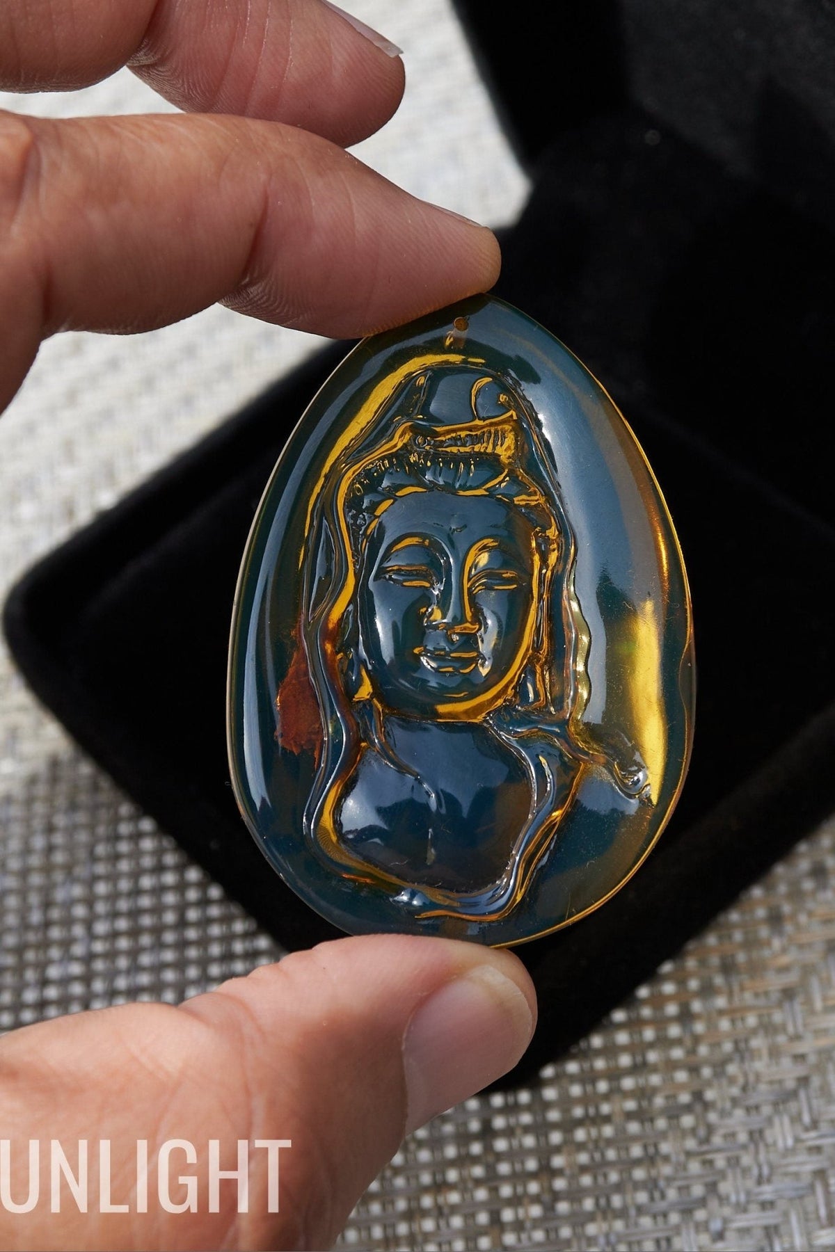 Dominican Blue Amber Guan Yin Pendant Necklace - Larimar Creations