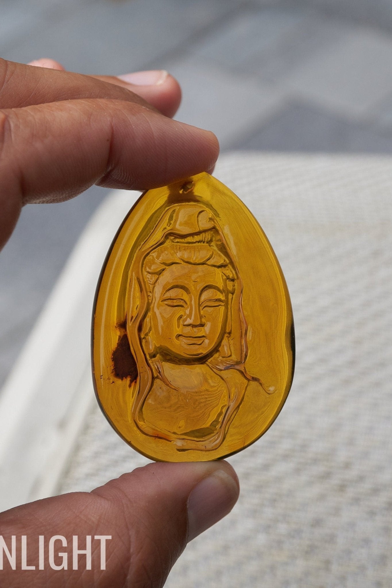 Dominican Blue Amber Guan Yin Pendant Necklace - Larimar Creations