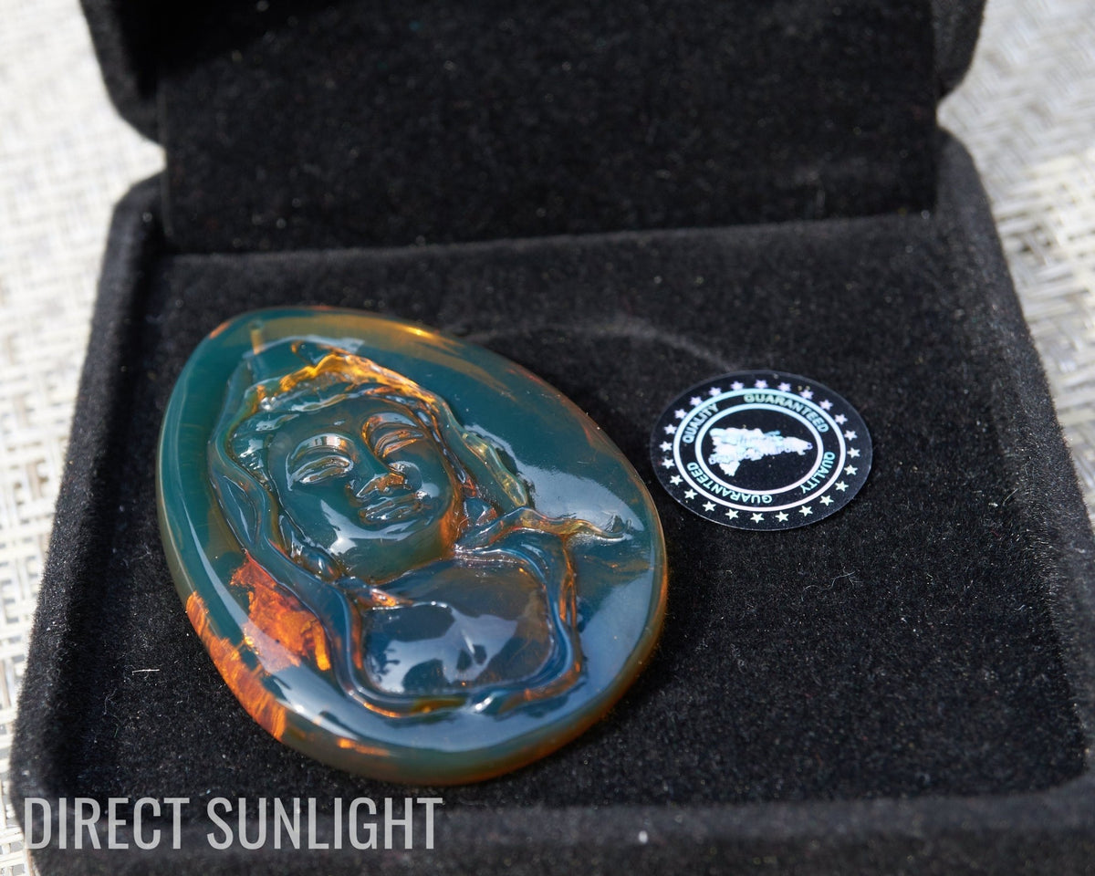 Dominican Blue Amber Guan Yin Pendant Necklace - Larimar Creations