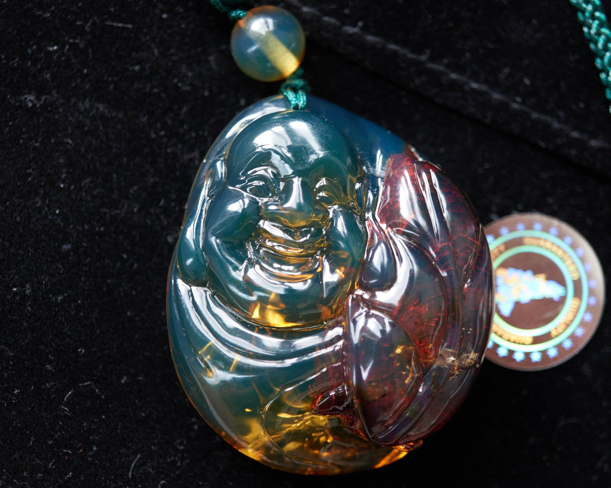 Dominican Blue Amber Happy Buddha Pendant - Larimar Creations