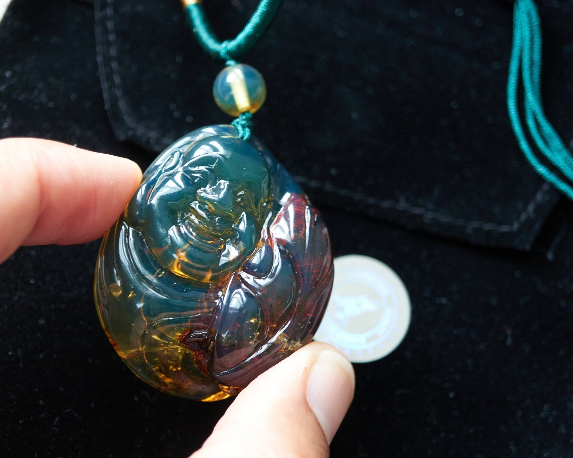 Dominican Blue Amber Happy Buddha Pendant - Larimar Creations