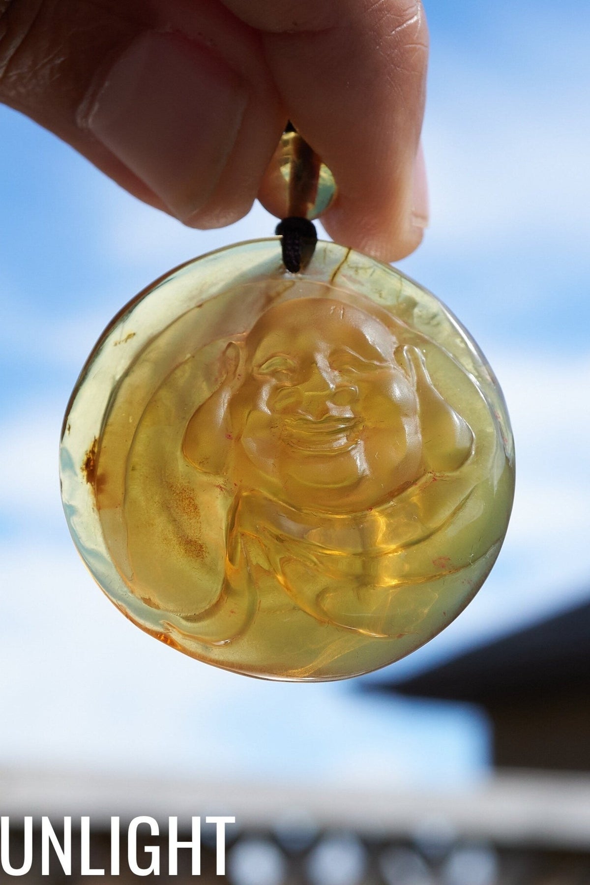 Dominican Blue Amber Happy Buddha Pendant Necklace - Larimar Creations