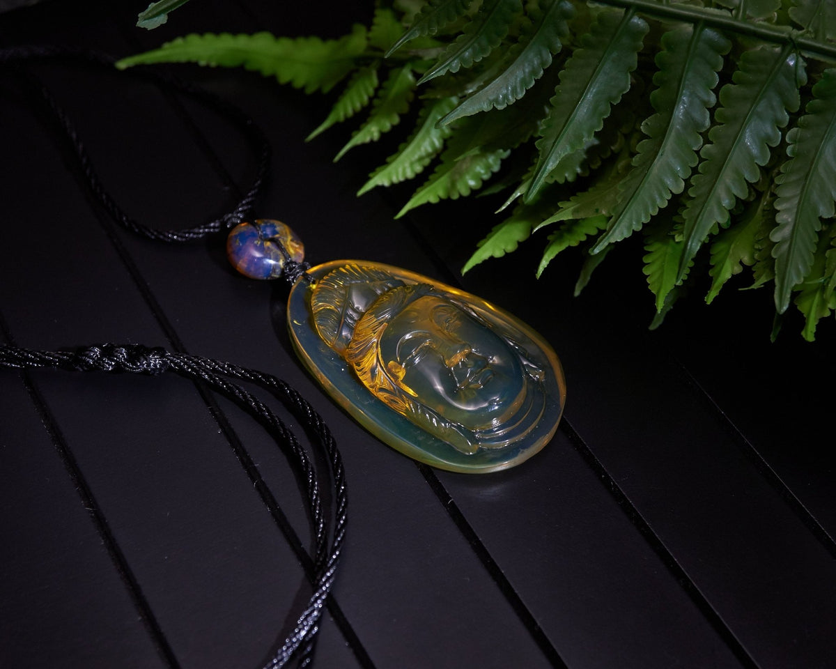 Dominican Blue Amber Kwan Yin Pendant, Meditation Necklace - Larimar Creations