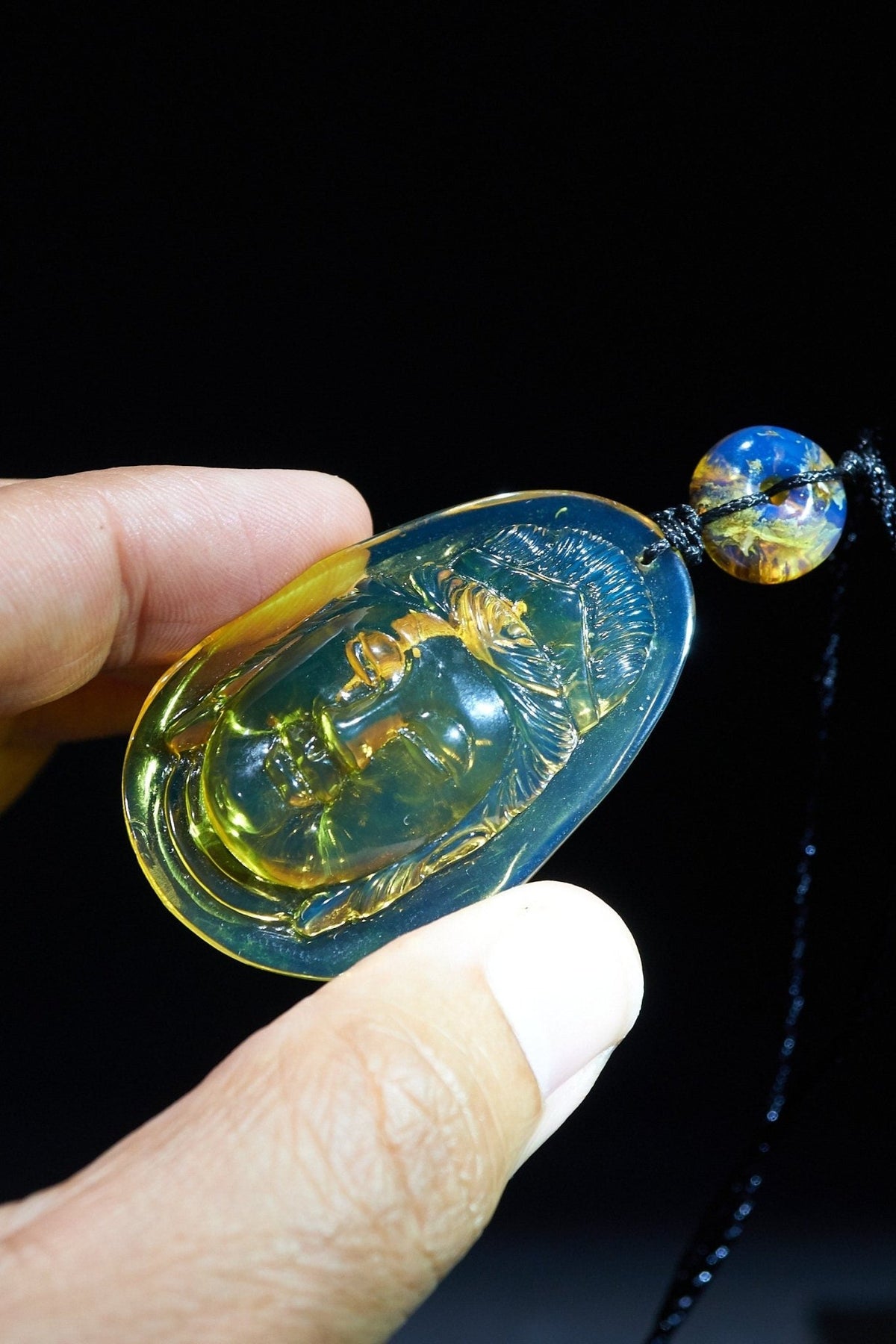 Dominican Blue Amber Kwan Yin Pendant, Meditation Necklace - Larimar Creations