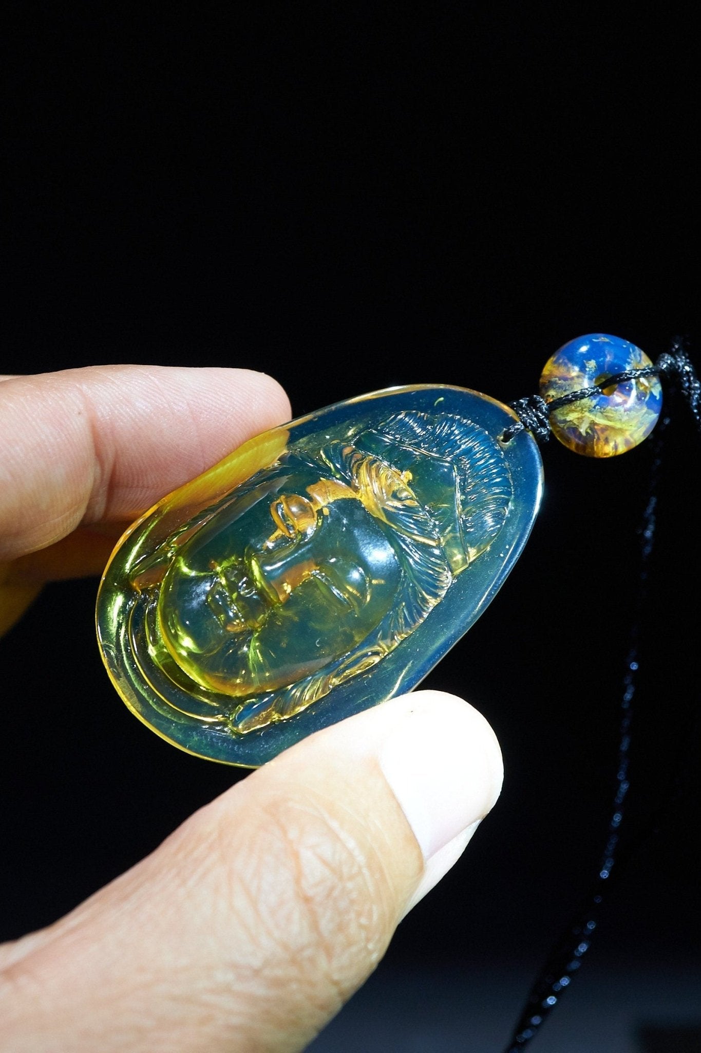 Dominican Blue Amber Kwan Yin Pendant, Meditation Necklace - Larimar Creations