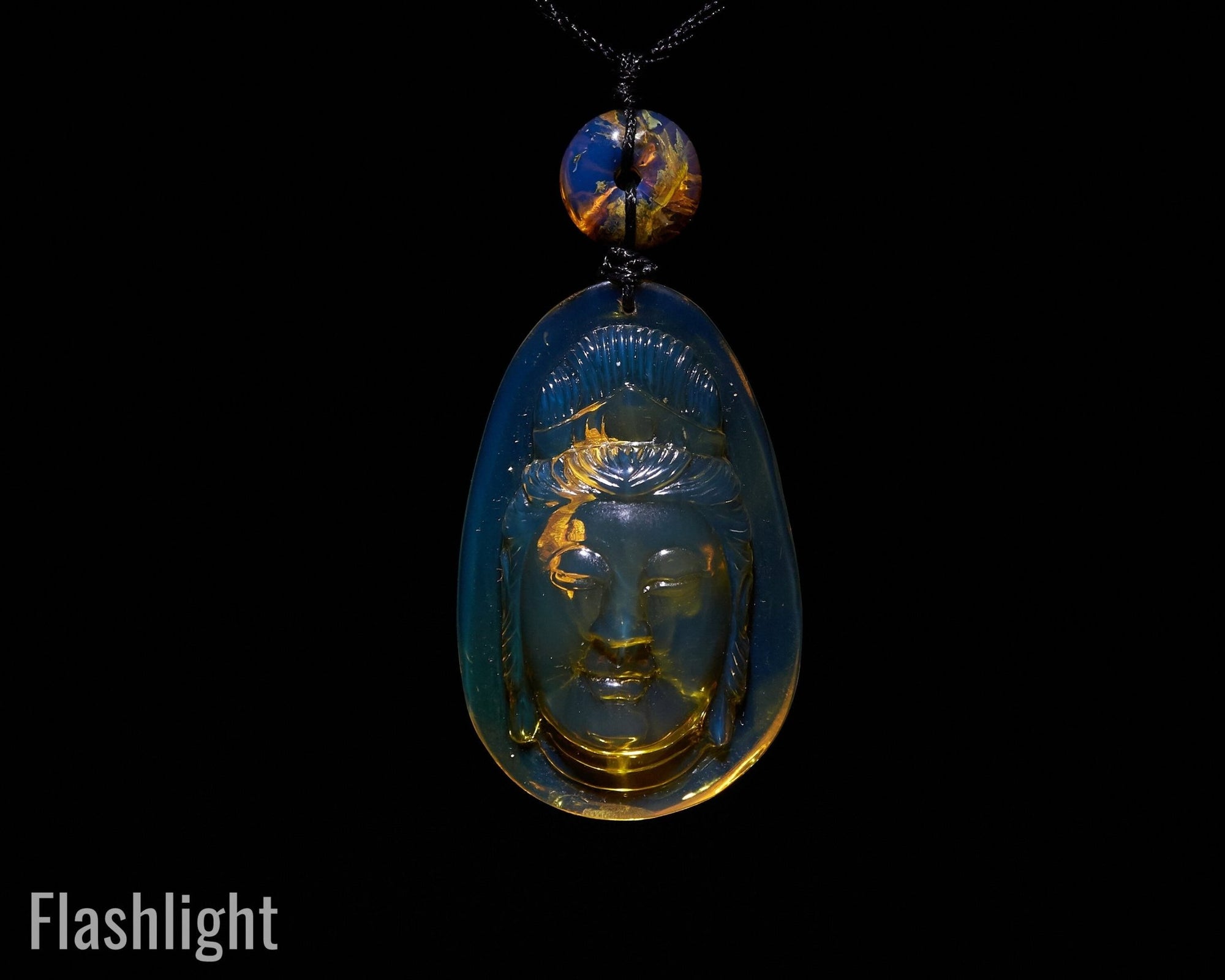 Dominican Blue Amber Kwan Yin Pendant, Meditation Necklace - Larimar Creations