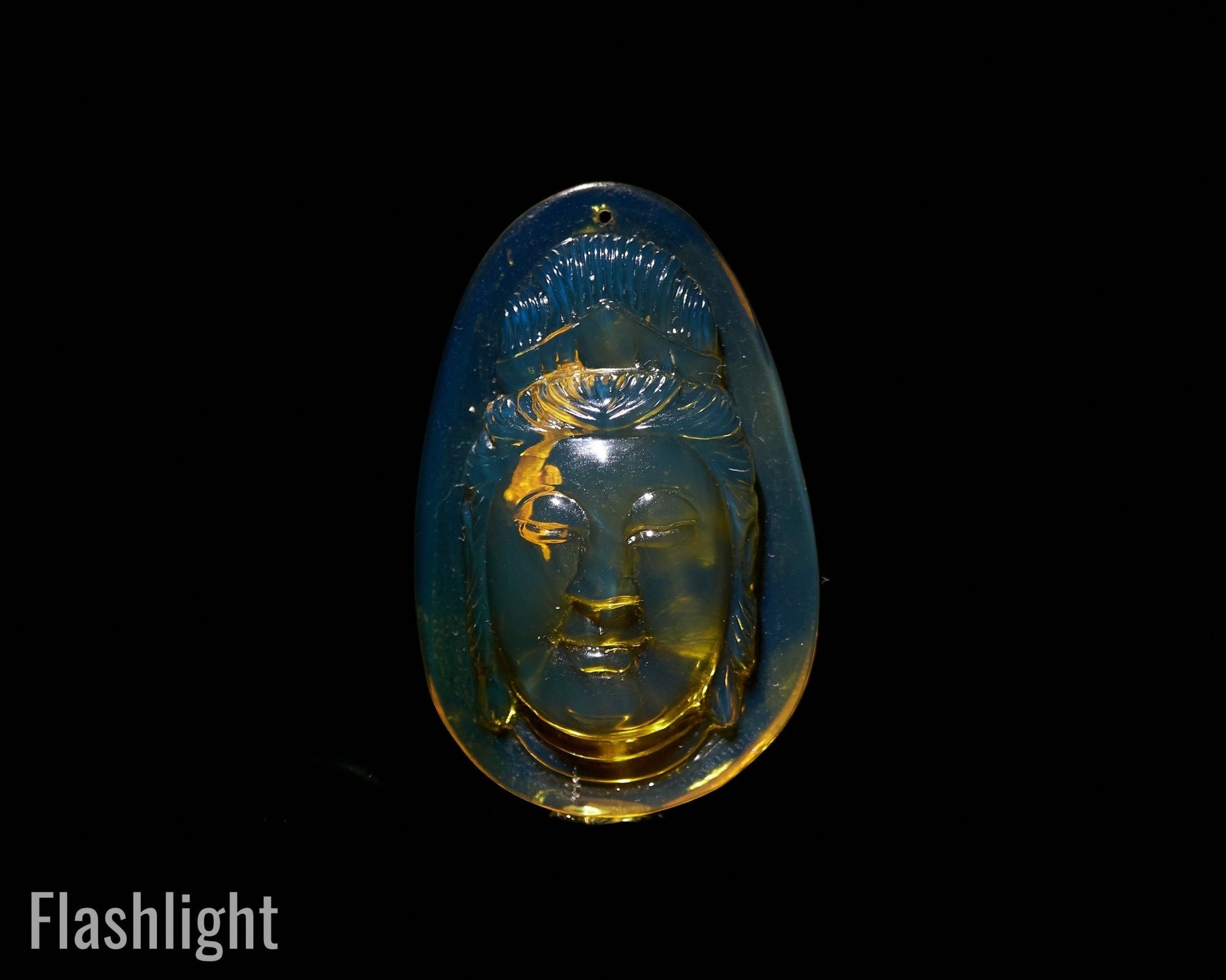 Dominican Blue Amber Kwan Yin Pendant, Meditation Necklace - Larimar Creations