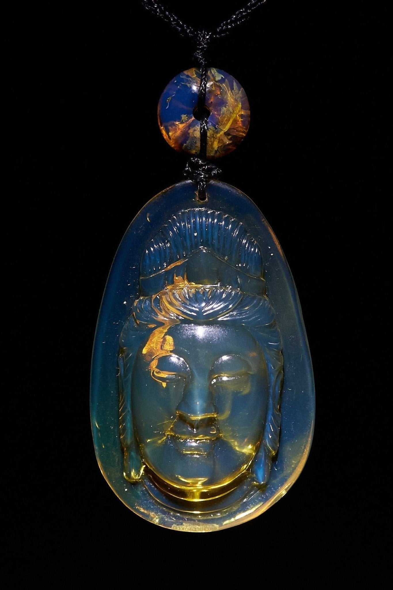 Dominican Blue Amber Kwan Yin Pendant, Meditation Necklace - Larimar Creations