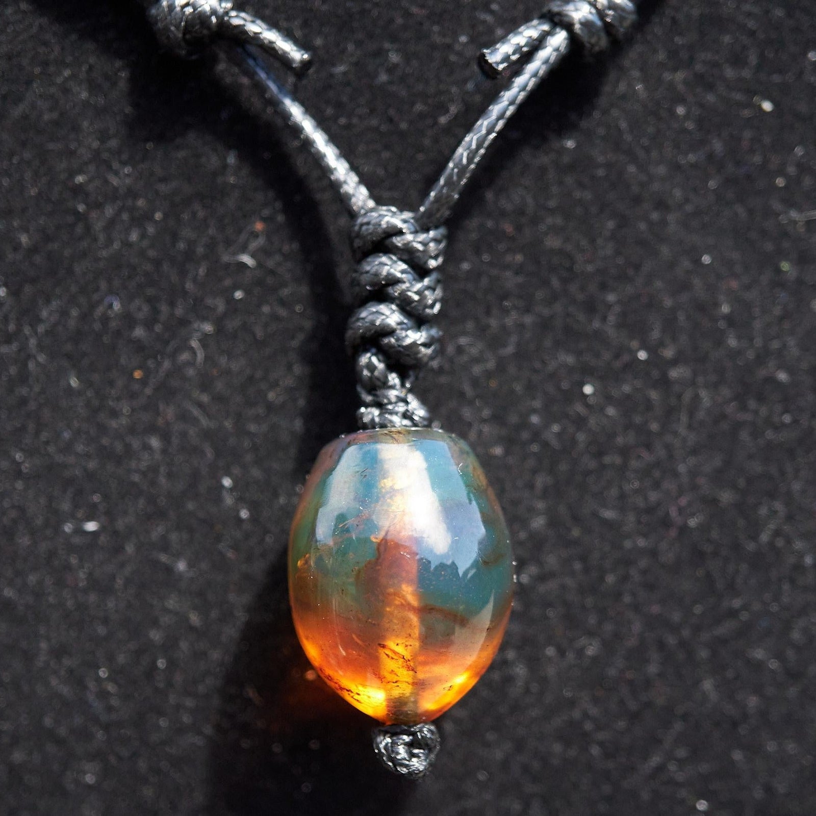 Blue amber adjustable pendant, dominican blue amber leather necklace