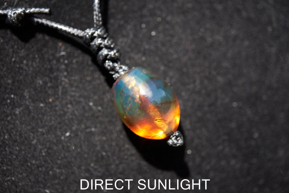 Blue amber adjustable pendant, dominican blue amber leather necklace