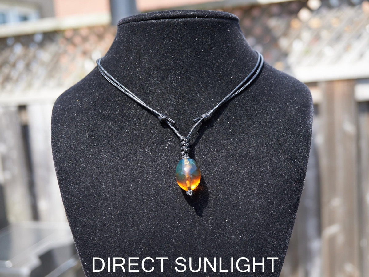 Blue amber adjustable pendant, dominican blue amber leather necklace