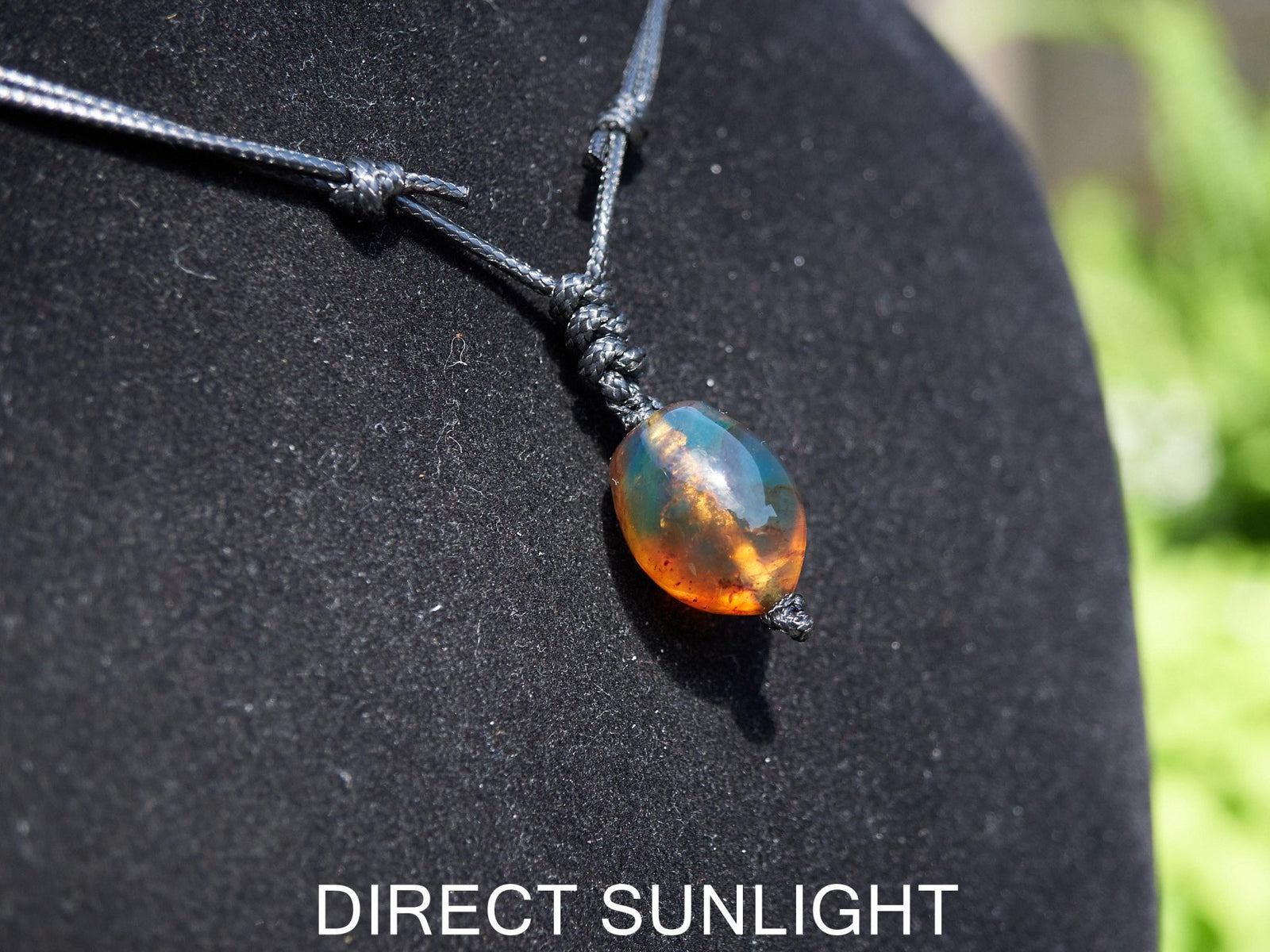 Blue amber adjustable pendant, dominican blue amber leather necklace