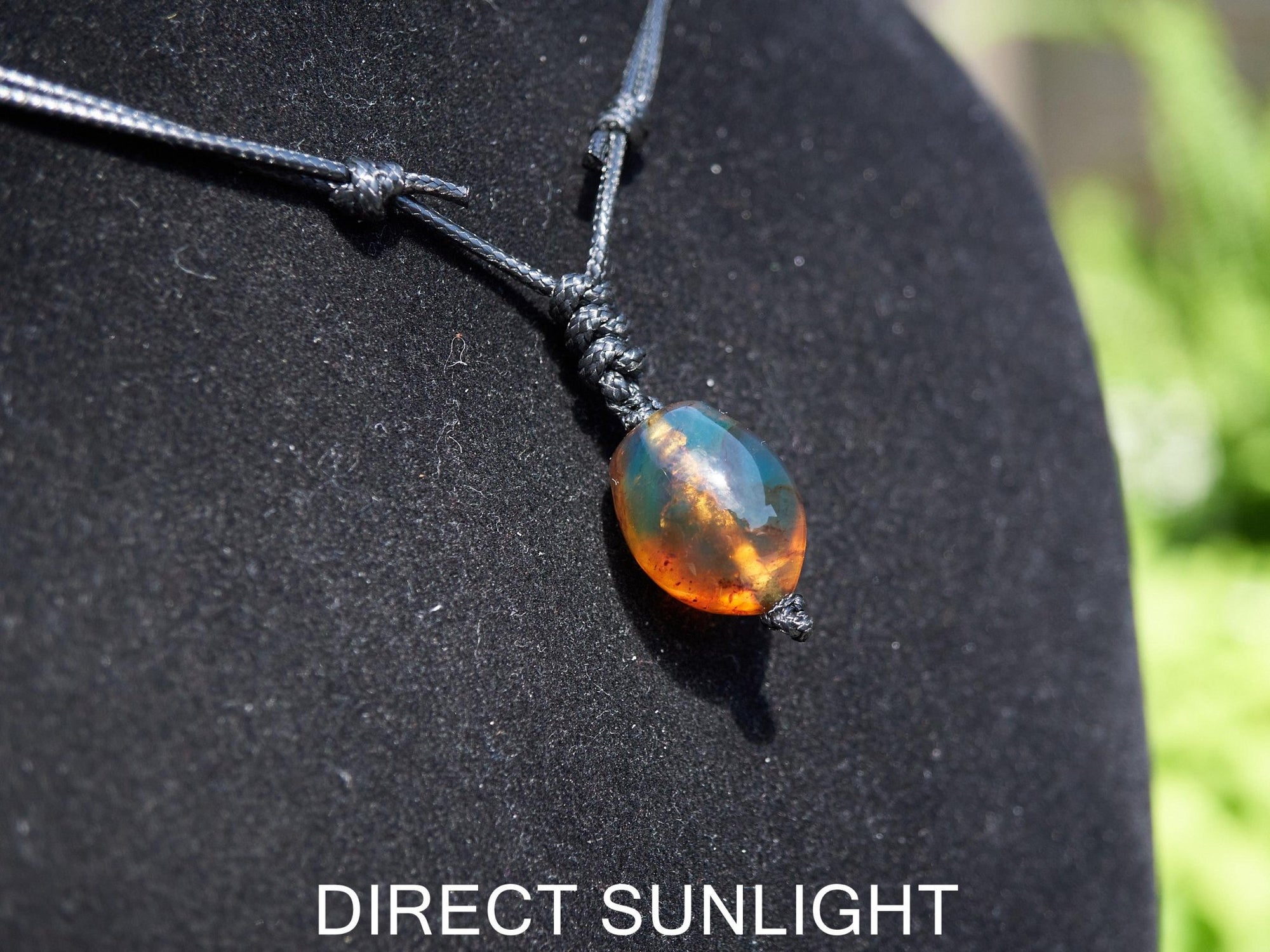 Blue amber adjustable pendant, dominican blue amber leather necklace