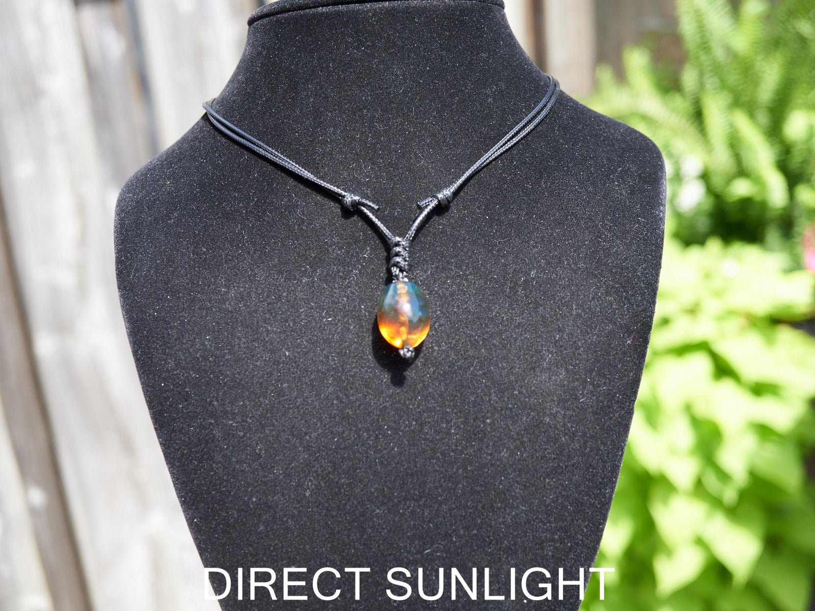 Blue amber adjustable pendant, dominican blue amber leather necklace
