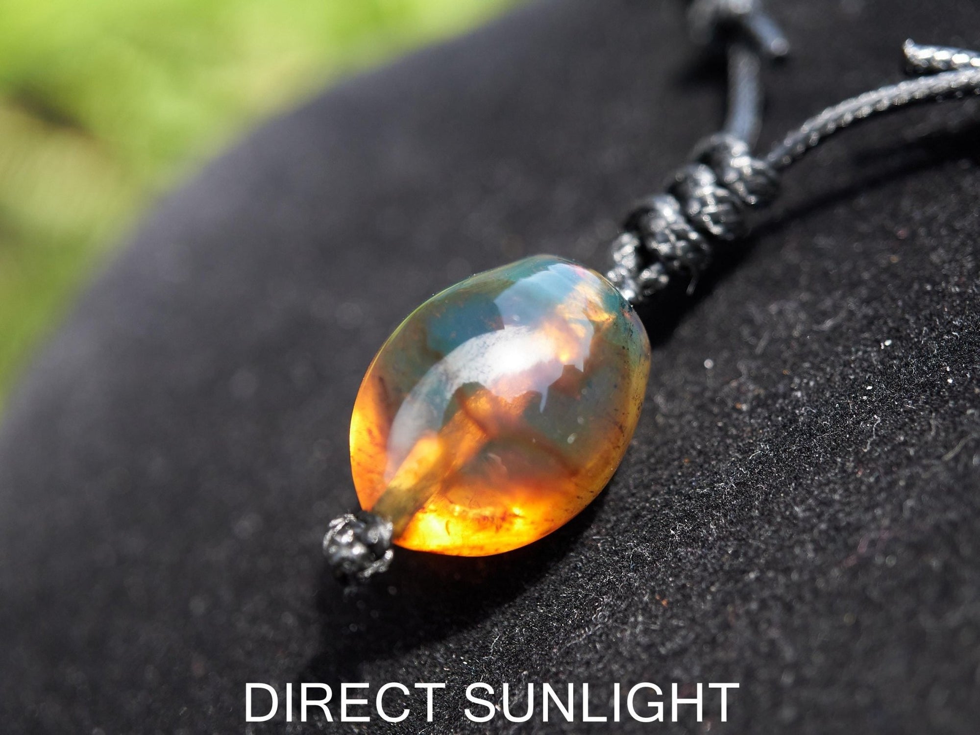 Blue amber adjustable pendant, dominican blue amber leather necklace