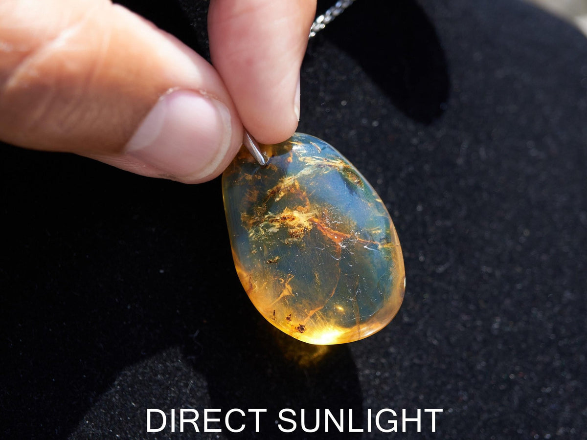 Blue Amber pendant, Dominican Blue amber cabochon polished teardrop shape 925 Sterling Silver Pendant, gift for her,