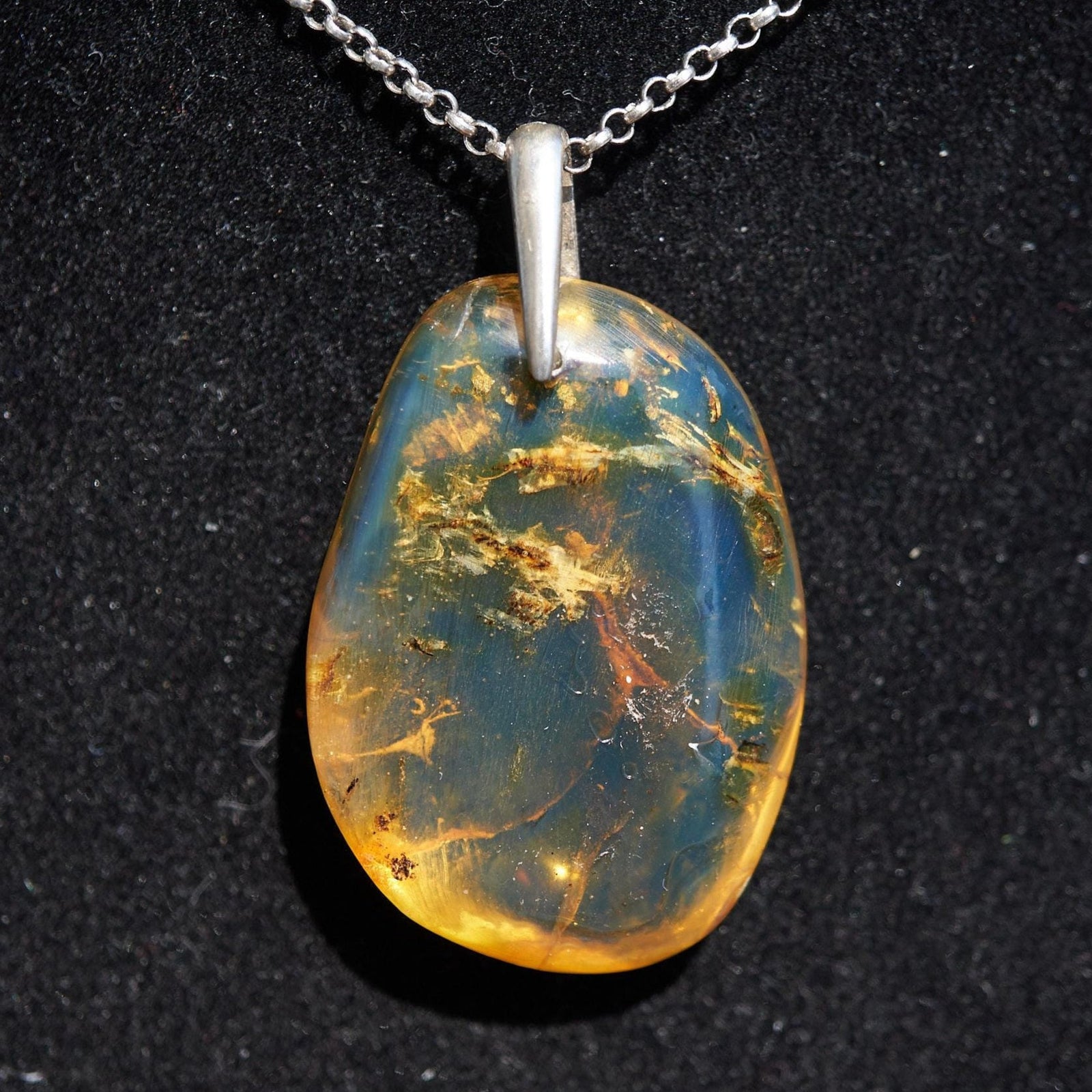 Blue Amber pendant, Dominican Blue amber cabochon polished teardrop shape 925 Sterling Silver Pendant, gift for her,