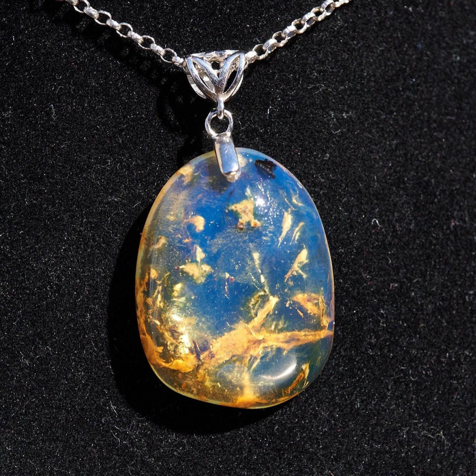 Dominican Blue Amber Pendant – 925 Sterling Silver Necklace – Natural Blue Gemstone Jewelry – Handmade Amber Gift for Her, blue Amber teardr