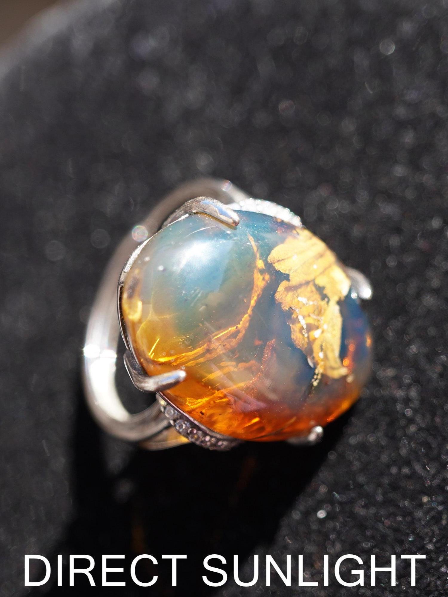Dominican Blue Amber Ring, Silver 925 Adjustable - Larimar Creations