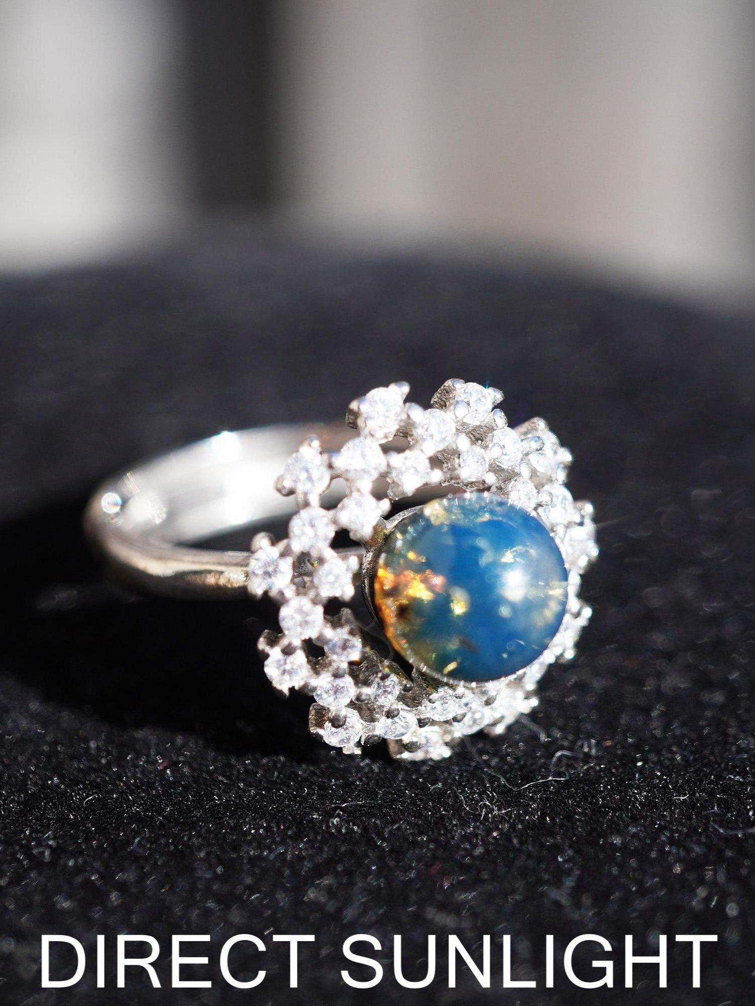 Dominican Blue Amber Ring, Silver 925 Adjustable Statement - Larimar Creations