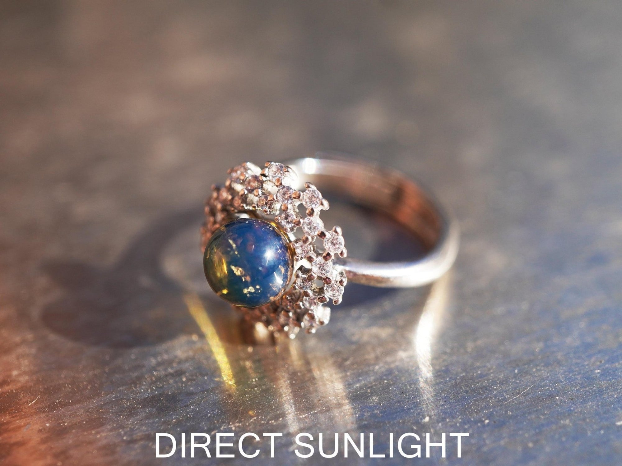 Dominican Blue Amber Ring, Silver 925 Adjustable Statement - Larimar Creations