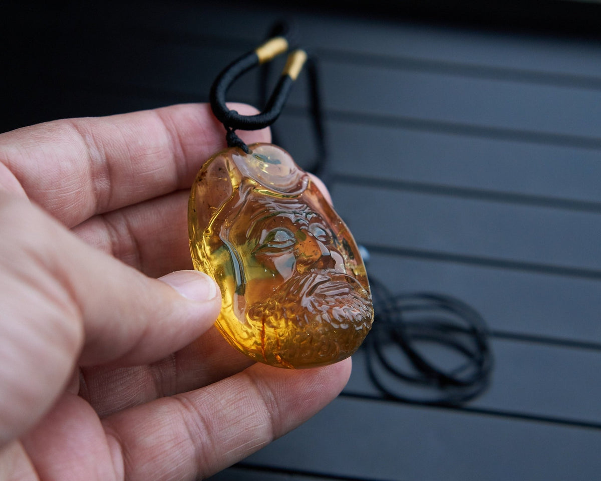Dominican Blue & Green Amber Dharma Pendant | Bead Necklace - Larimar Creations