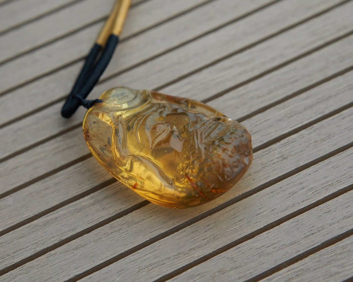Dominican Blue & Green Amber Dharma Pendant | Bead Necklace - Larimar Creations