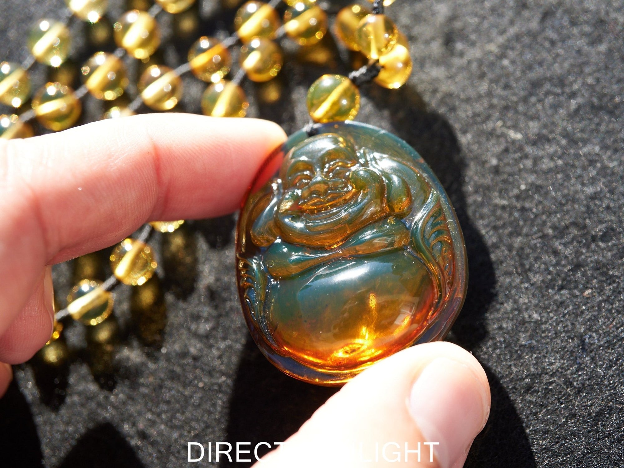 Dominican Green Amber Buddha Necklace - Larimar Creations