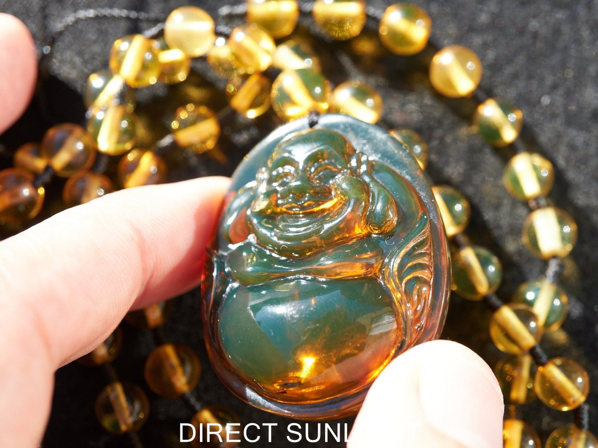 Dominican Green Amber Buddha Necklace - Larimar Creations