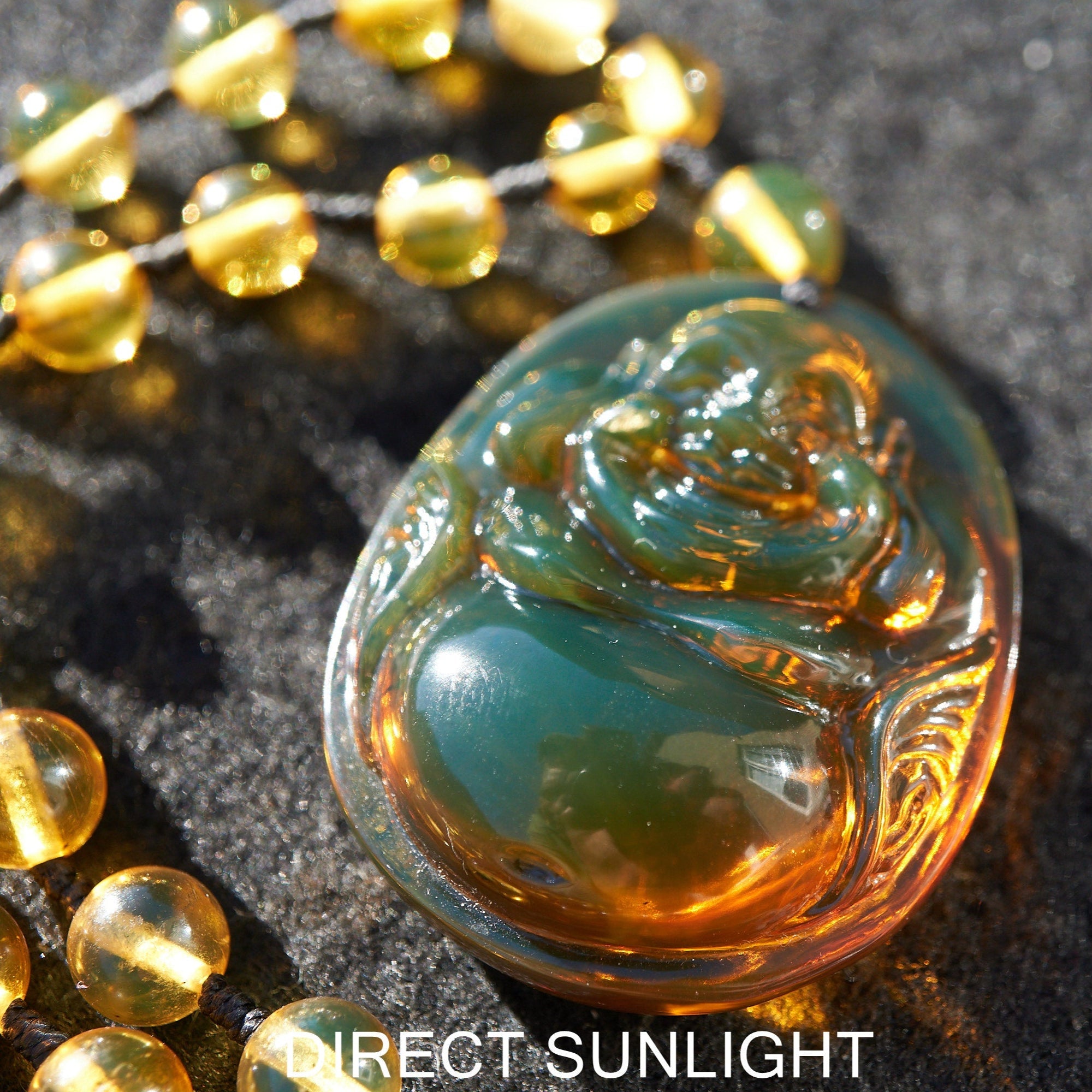 Dominican Green Amber Buddha Necklace - Larimar Creations