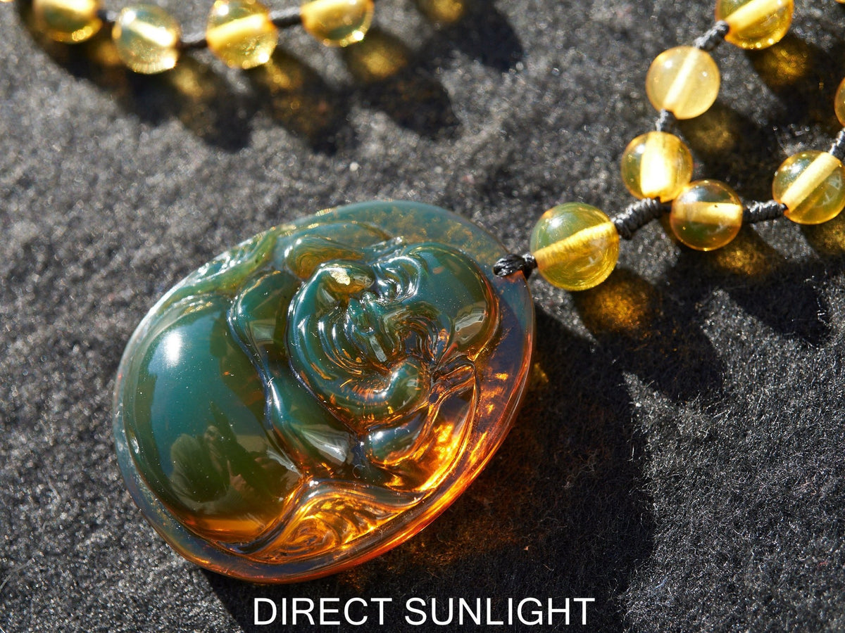Dominican Green Amber Buddha Necklace - Larimar Creations