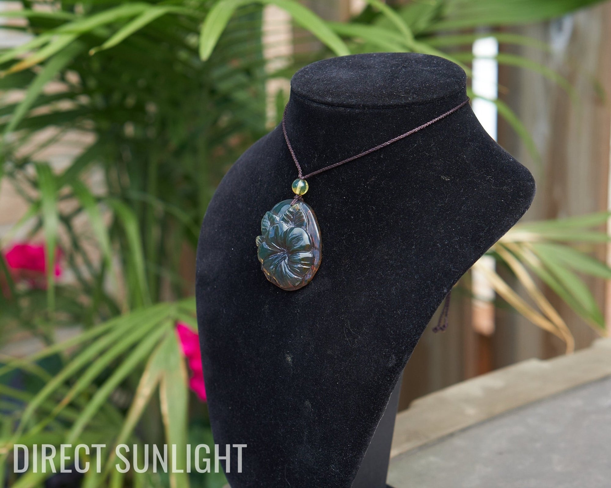 Dominican Green amber flower carving Necklace - Larimar Creations