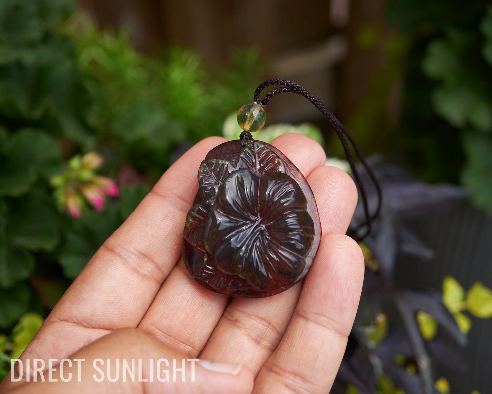Dominican Green amber flower carving Necklace - Larimar Creations