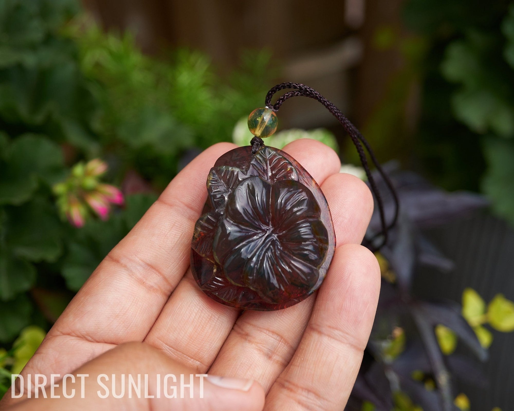 Dominican Green amber flower carving Necklace - Larimar Creations