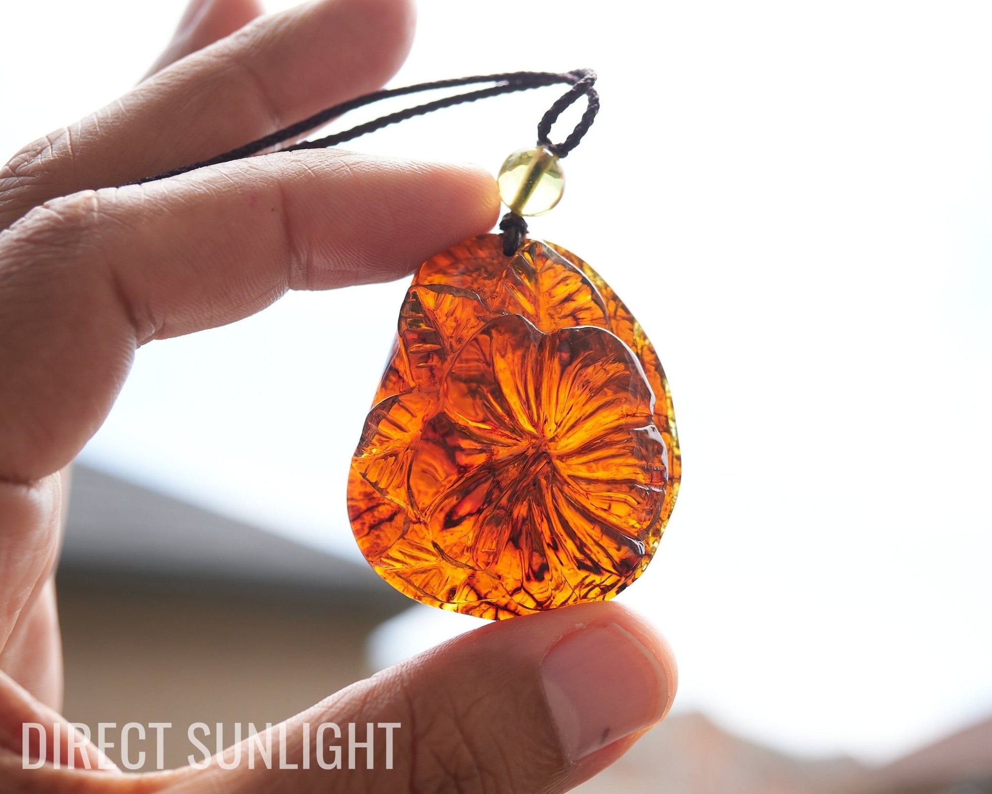 Dominican Green amber flower carving Necklace - Larimar Creations