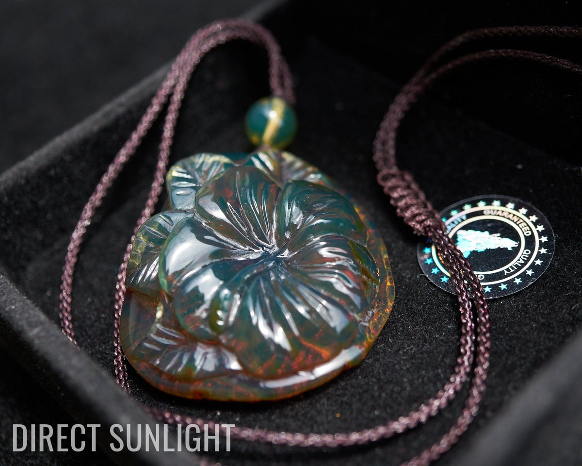 Dominican Green amber flower carving Necklace - Larimar Creations