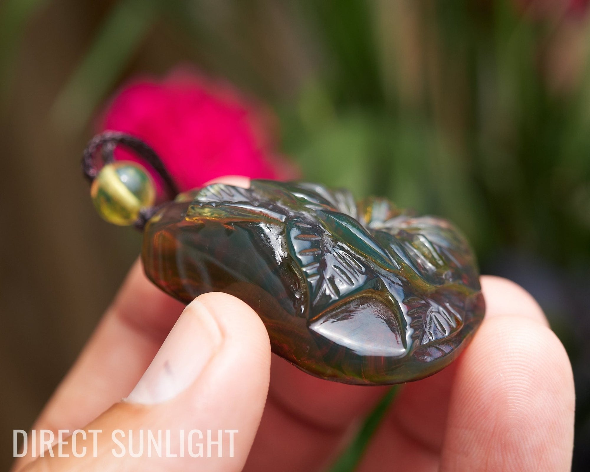 Dominican Green amber flower carving Necklace - Larimar Creations