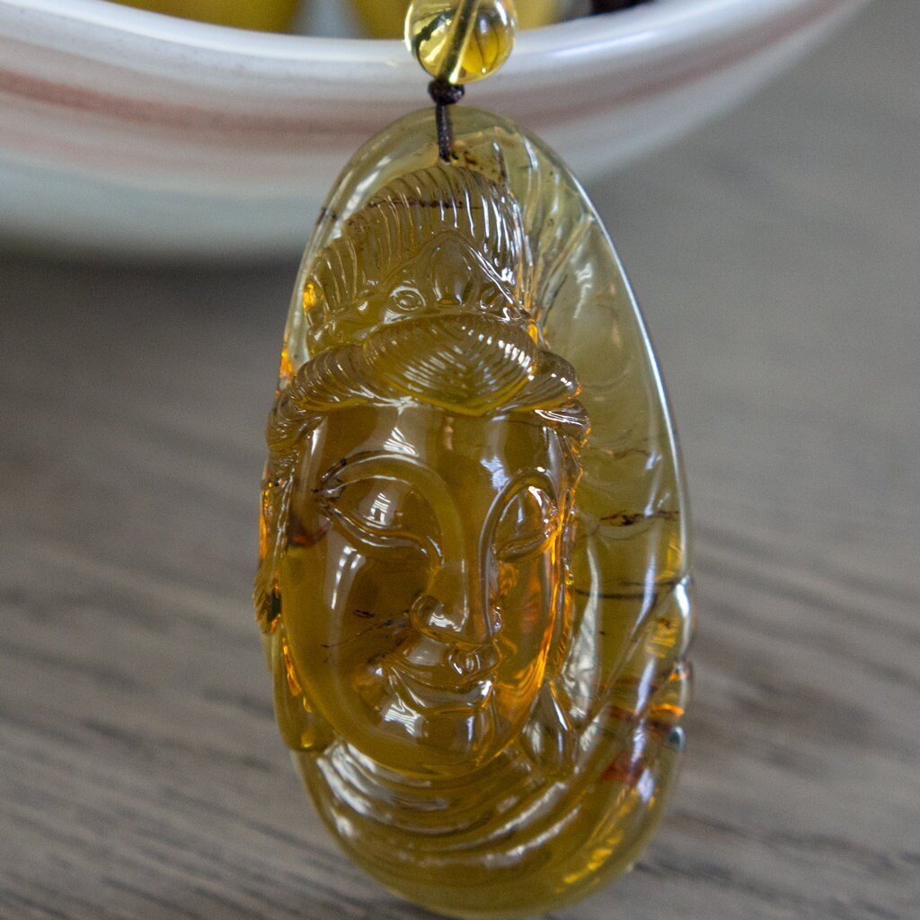 Dominican Green Amber Guan Yin Pendant - Larimar Creations