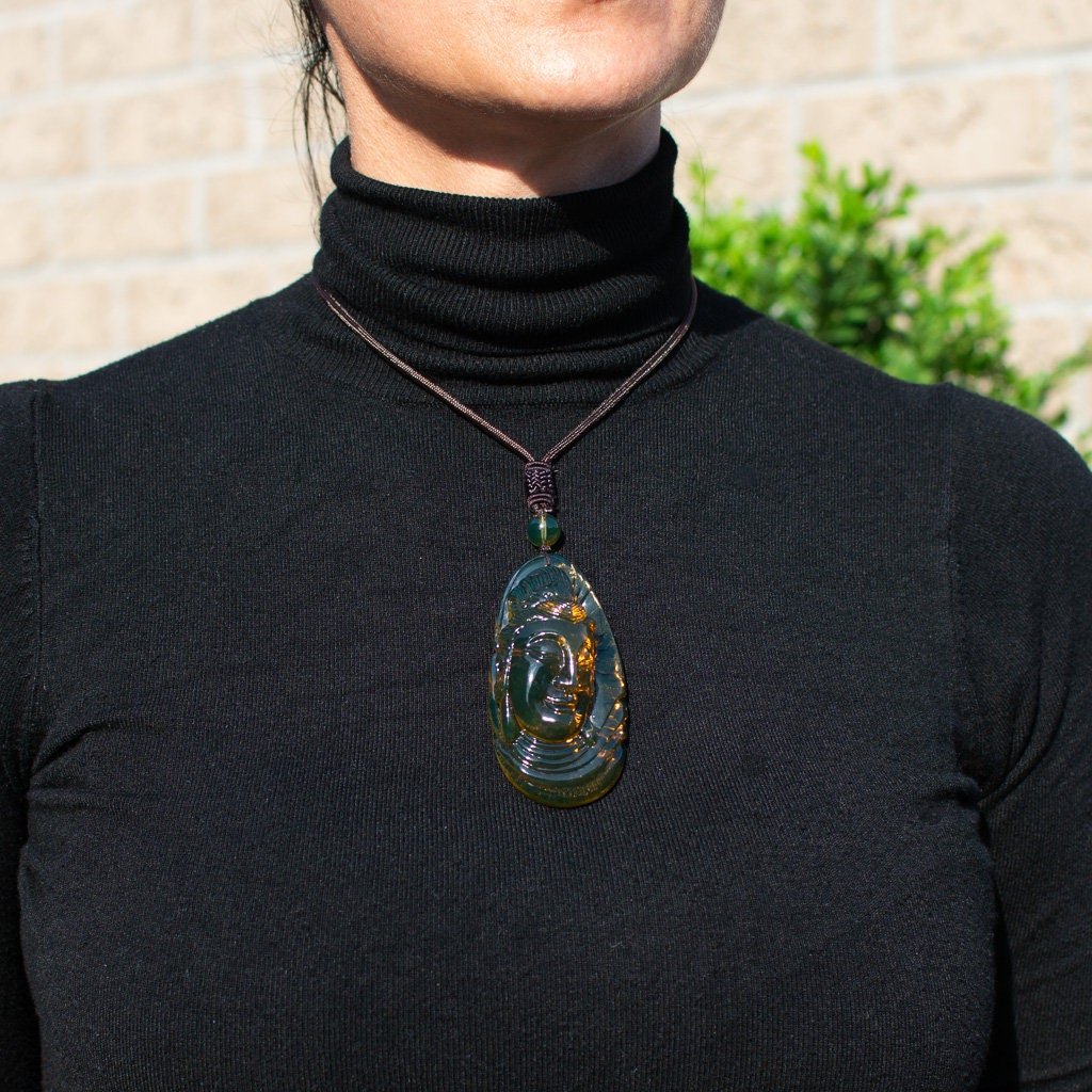 Dominican Green Amber Guan Yin Pendant - Larimar Creations