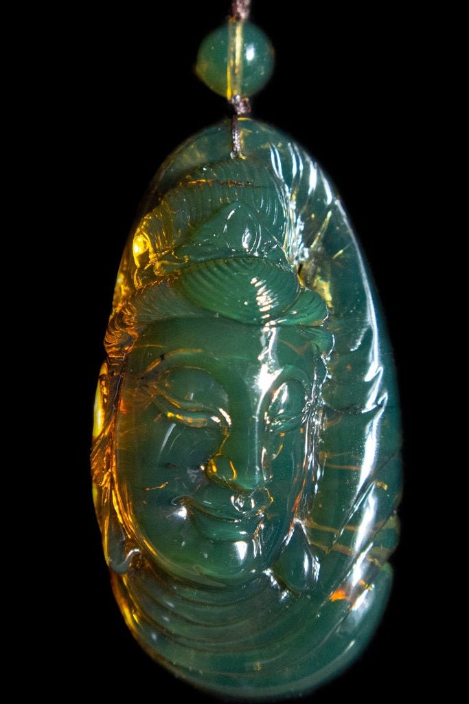 Dominican Green Amber Guan Yin Pendant - Larimar Creations