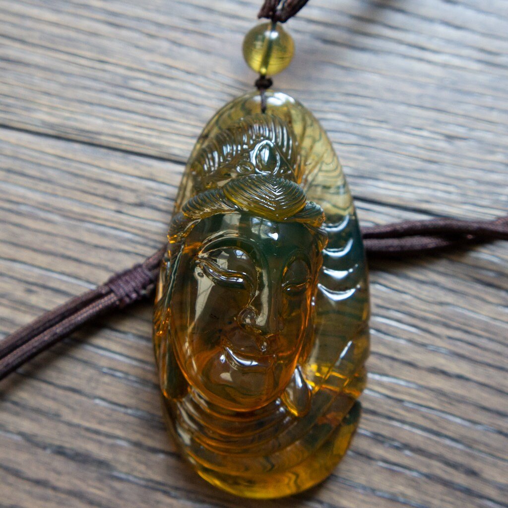 Dominican Green Amber Guan Yin Pendant - Larimar Creations