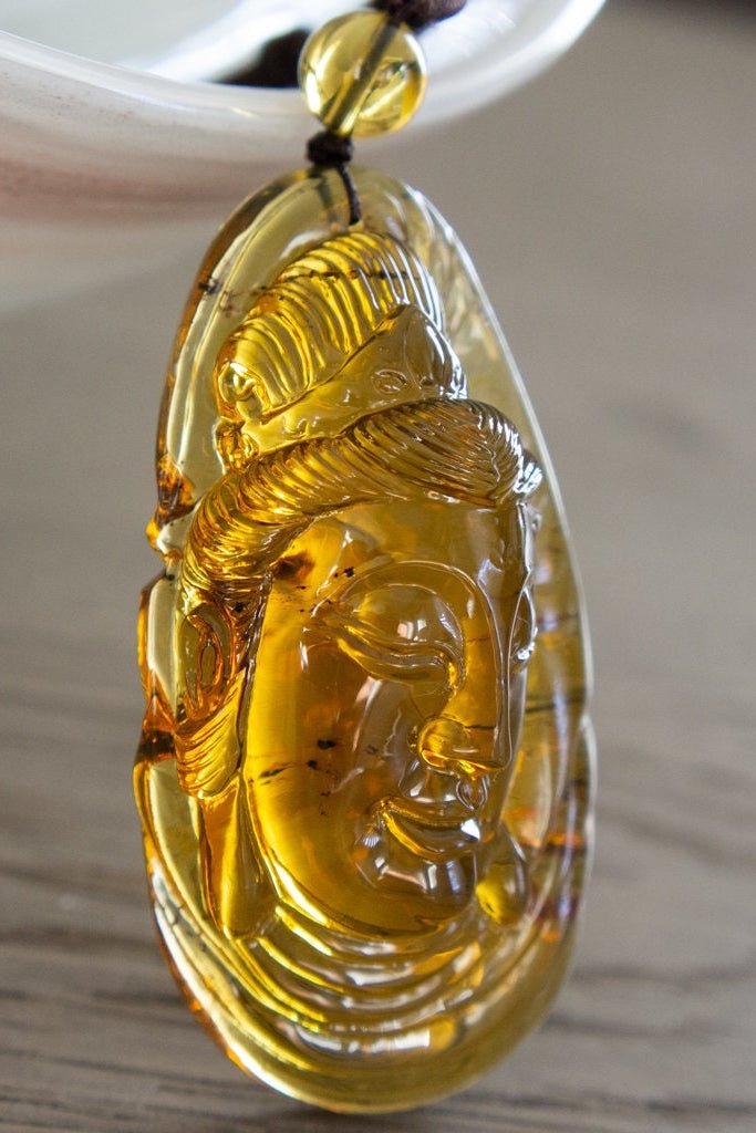 Dominican Green Amber Guan Yin Pendant - Larimar Creations